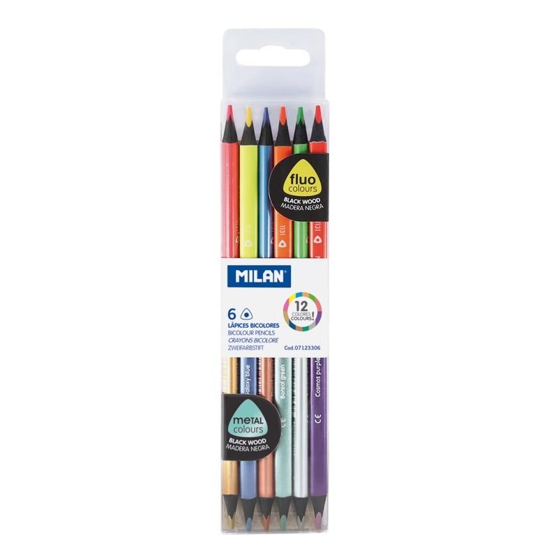 Milan caja de 6 lápices bicolores fluo&metal triangulares
