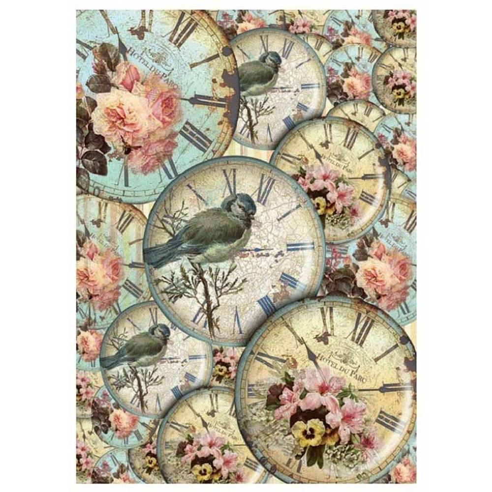 PAPEL ARROZ ESFERAS RELOJ AVES MODELO 149 (1 UNIDAD, 30 X 41 CM)