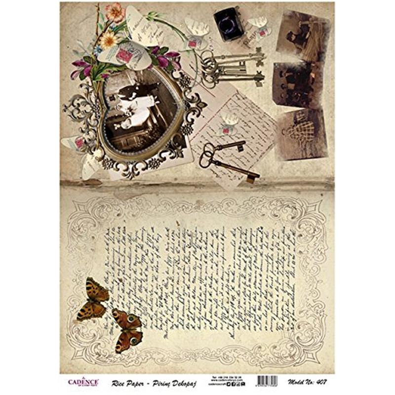 PAPEL ARROZ VINTAGE ESCRITURA Y FOTOS MODELO 407 (1 UNIDAD, 30 X 41 CM)