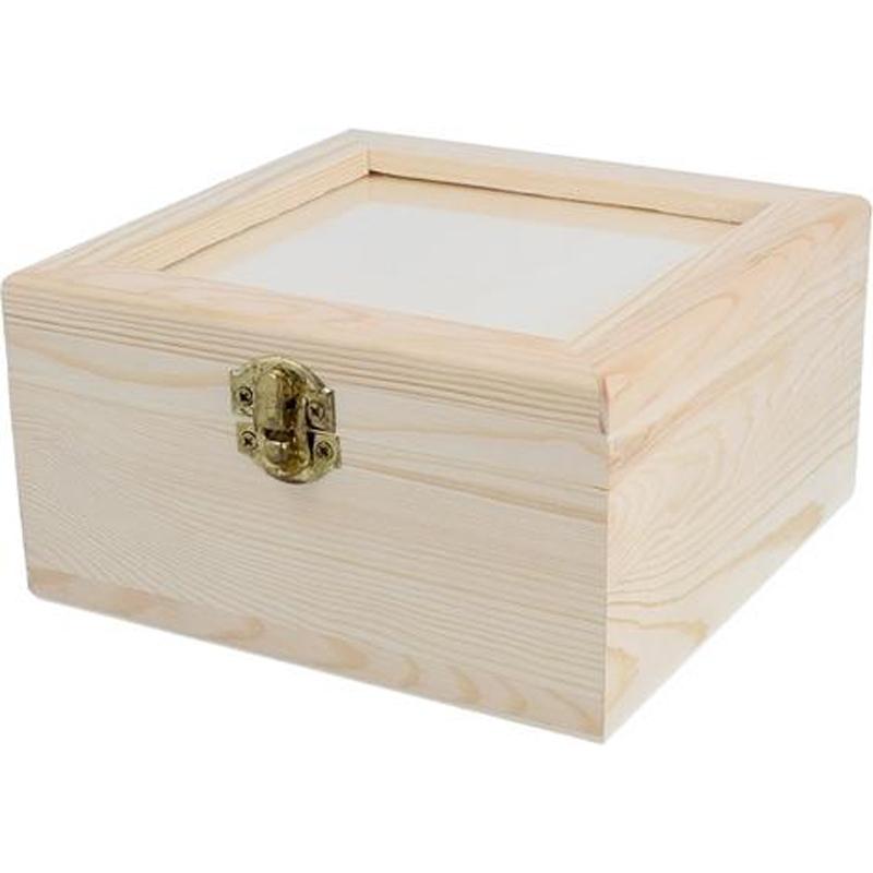 CAJA MADERA PINO MACIZO CUADRADA CON METRACRILATO
