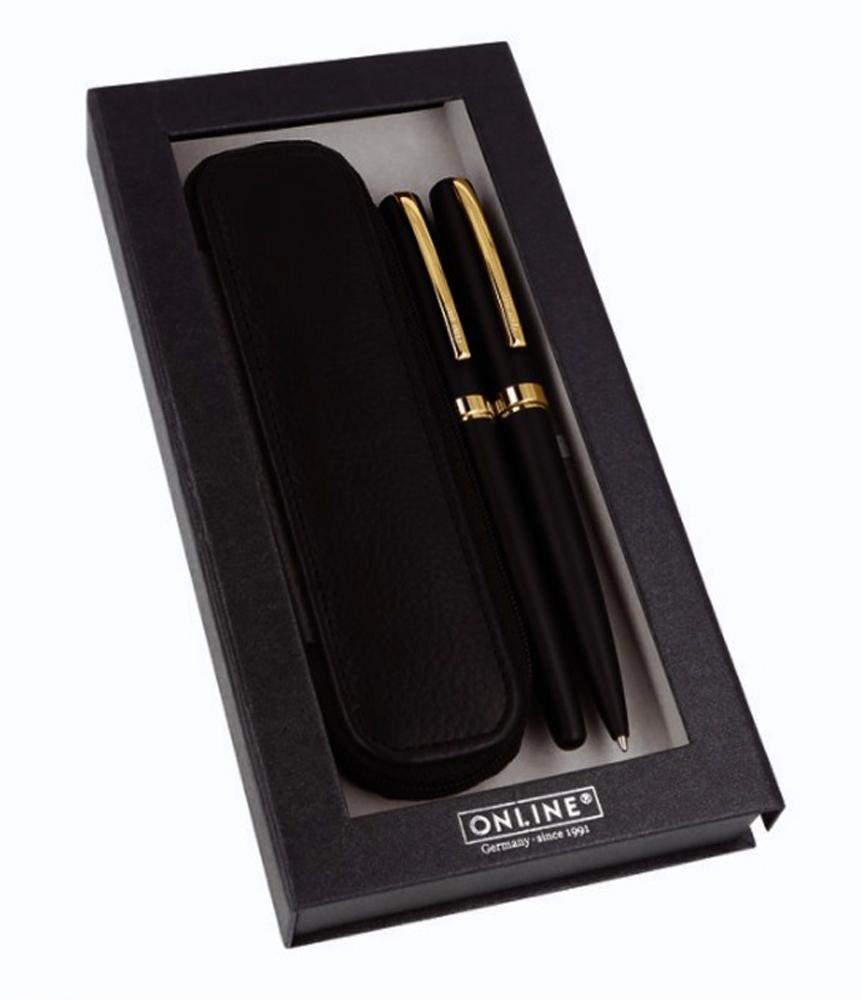 BOLÍGRAFO Y PLUMA ELEGANZA NEGRO Y DORADO + ESTUCHE CUERO