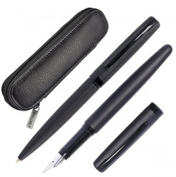 BOLÍGRAFO Y PLUMA ELEGANZA NEGRO + ESTUCHE CUERO