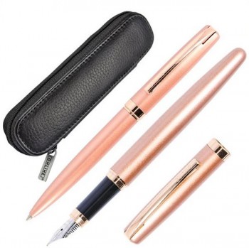 BOLÍGRAFO Y PLUMA ELEGANZA ROSADO + ESTUCHE CUERO