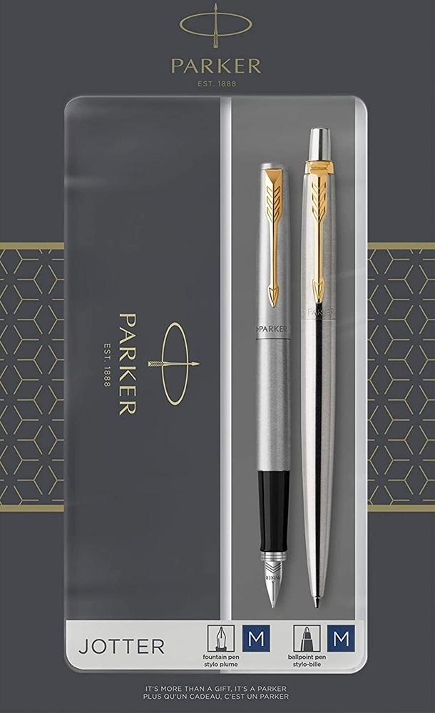 JUEGO BOLÍGRAFO Y PLUMA PARKER JOTTER ACERO Y DORADO