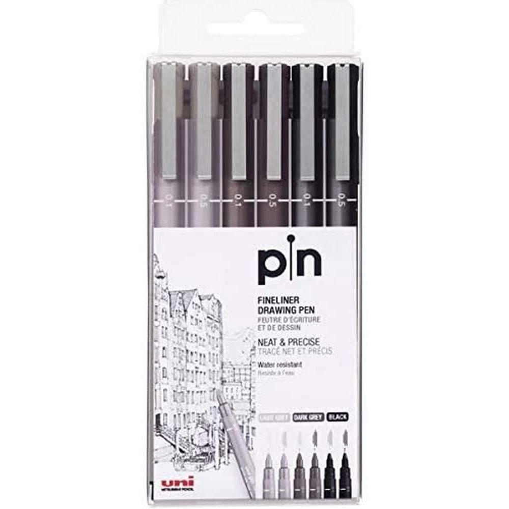 UNI-PIN SET 6 ROTULADORES CALIBRADOS GRIS/NEGRO