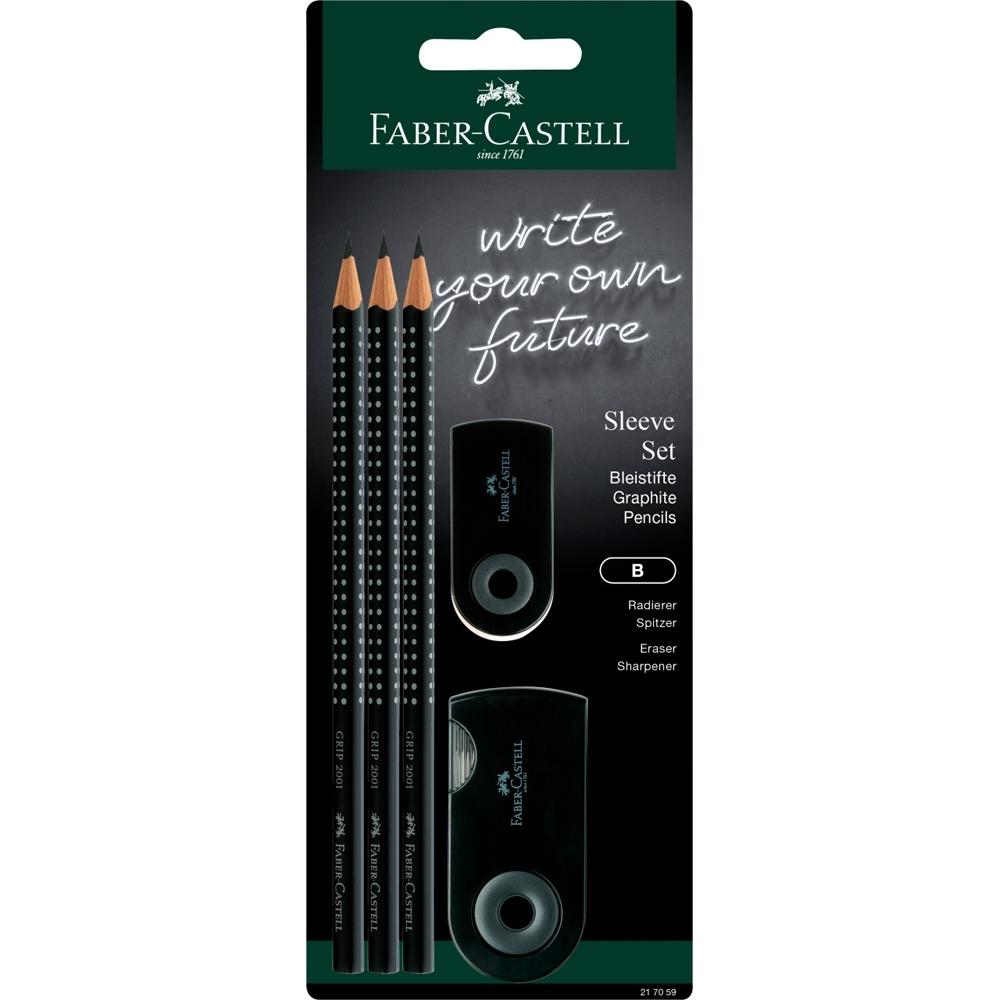 FABER-CASTELL SET 3 LÁPICES GRAFITO GRIP 2001 + GOMA Y AFILADOR DOBLE