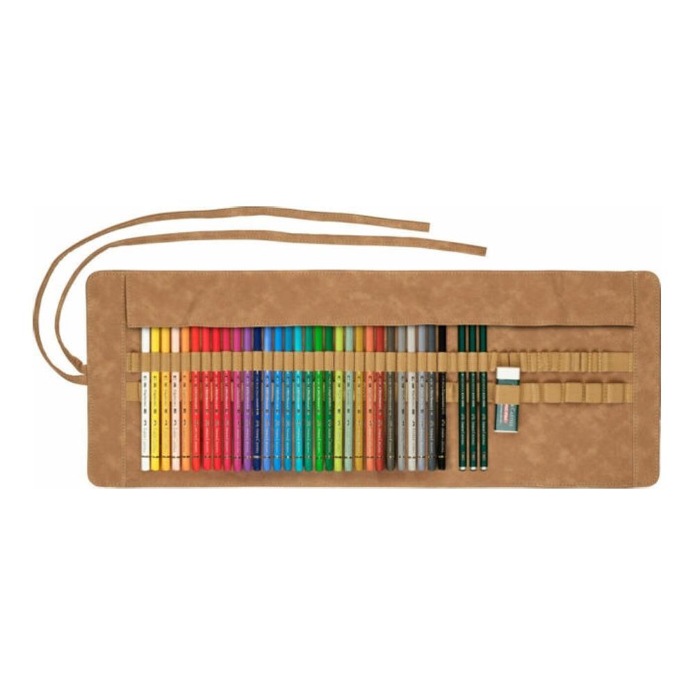 FABER ESTUCHE ENROLLABLE PIEL CON LÁPICES POLICROMOS